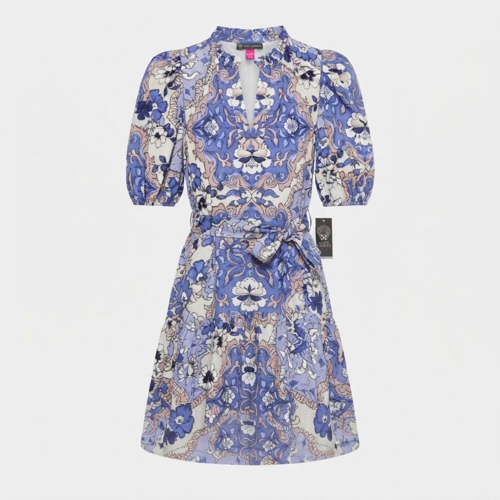 NWT Vince Camuto Floral Print V-Neck Puff Sleeve Tie Waist Dress. Size 0